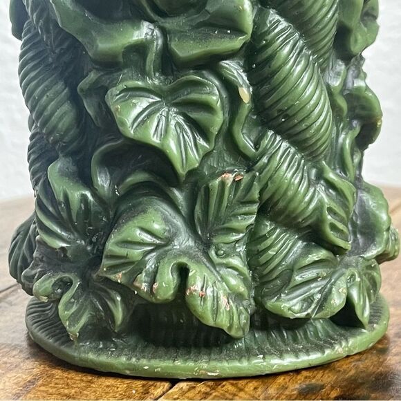 Vintage Large Green Carved German Bavarian Wax Pilar Candle 70s Vibes - Picture 7 of 14